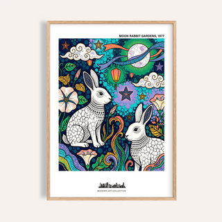 Featuring two rabbits under a moon, Moon Garden Art Print poster with stars, lanterns, and patterned clouds