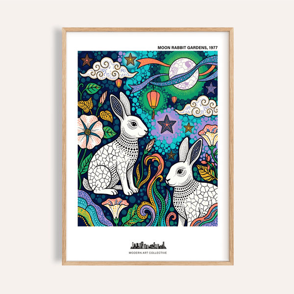 Featuring two rabbits under a moon, Moon Garden Art Print poster with stars, lanterns, and patterned clouds