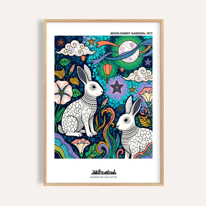 Featuring two rabbits under a moon, Moon Garden Art Print poster with stars, lanterns, and patterned clouds