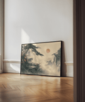 Asian Landscape Print with Red sun for bedroom wall decor
