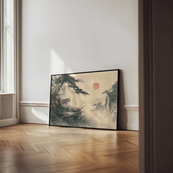Asian Landscape Print with Red sun for bedroom wall decor