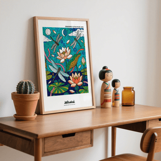 Multicolored Dragonfly Lotus Art Print with lotus flowers and three dragonflies in a pond scene