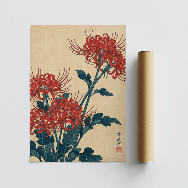 Japanese Floral Wall Art with red flowers and beige paper for hallway wall art