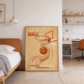 Old-school sports wall art of rim, net motion, and bold lettering