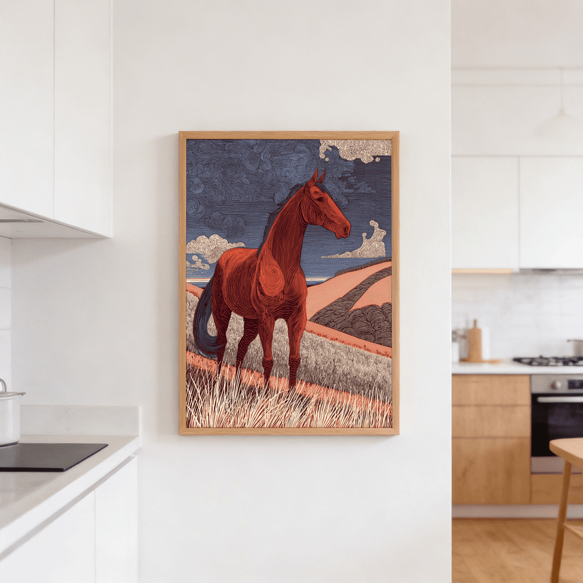 Side-view horse illustration featuring dense curved linework