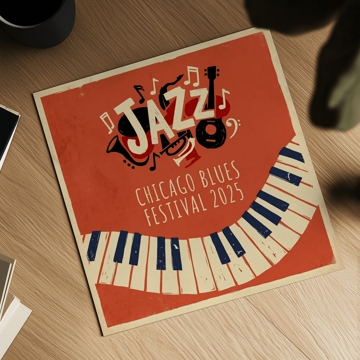 Graphic jazz poster print showing music notes, instruments, and “Chicago Blues Festival 2025” text