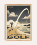 Swing-themed Golf Tee Shot Art Print poster with golfer silhouette and arcing ball trail