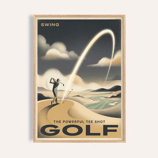 Swing-themed Golf Tee Shot Art Print poster with golfer silhouette and arcing ball trail