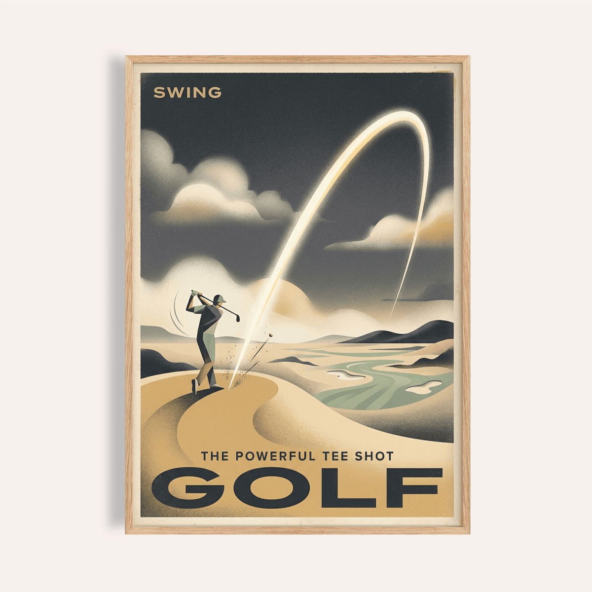 Swing-themed Golf Tee Shot Art Print poster with golfer silhouette and arcing ball trail