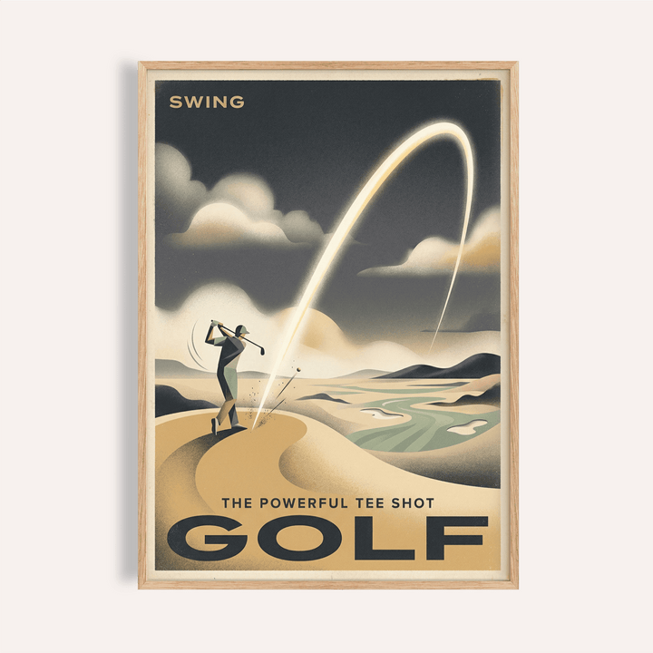 Swing-themed Golf Tee Shot Art Print poster with golfer silhouette and arcing ball trail