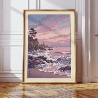 Graphic print of Lighthouse Sunset Wall Art featuring layered pink clouds