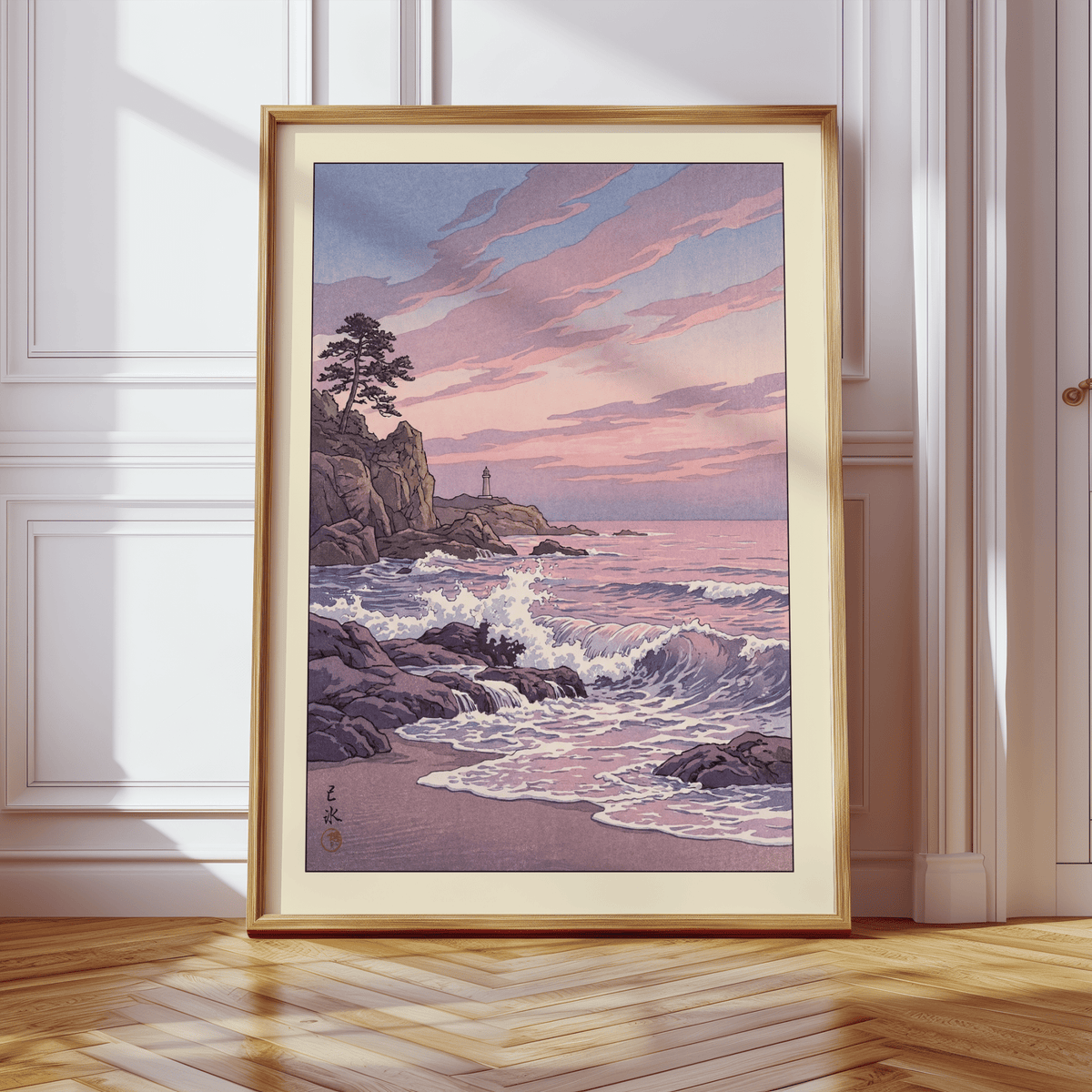 Graphic print of Lighthouse Sunset Wall Art featuring layered pink clouds