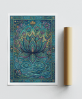 Folk illustration of lotus bloom above ripple patterns with fish and moon icons