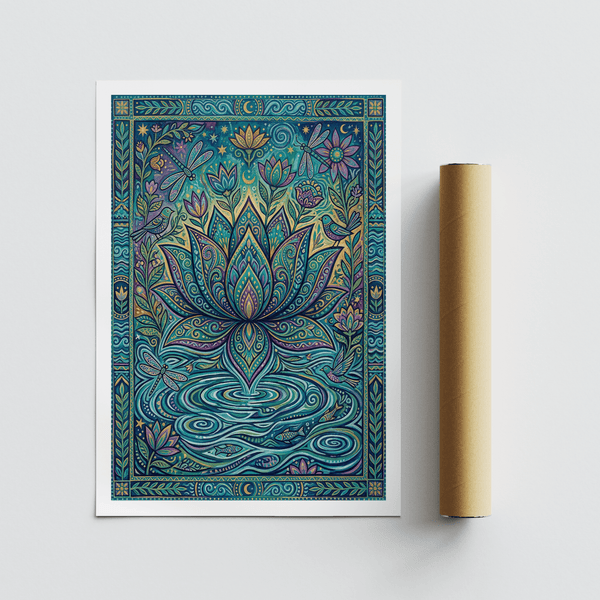 Folk illustration of lotus bloom above ripple patterns with fish and moon icons