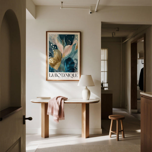 Modern botanical print featuring teal foliage and golden details for wall decor