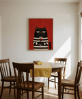 Cat Wine Art Print in Red, Beige, Black for living room poster