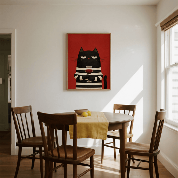 Cat Wine Art Print in Red, Beige, Black for living room poster
