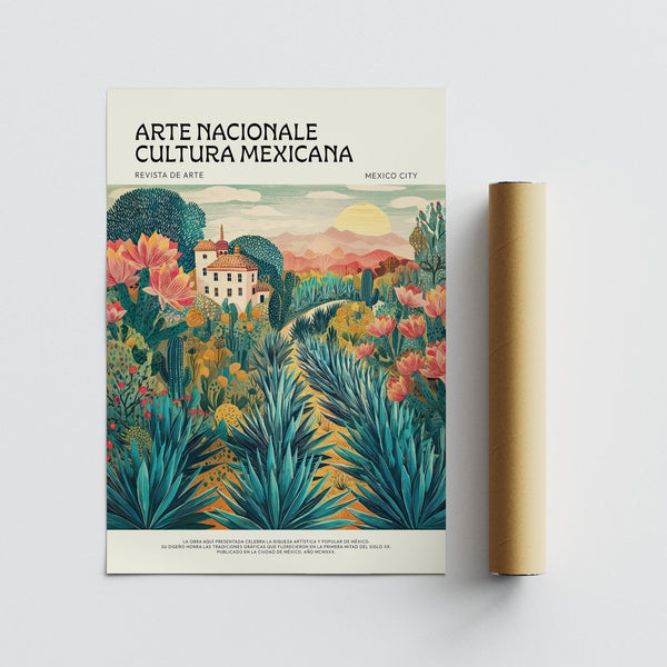 Artwork of agave rows leading to a home in Mexican Landscape Art Print.