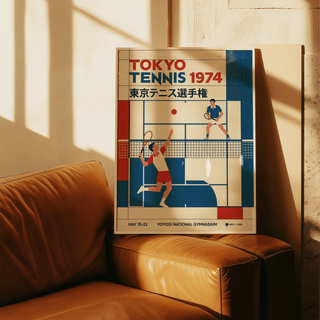 Color swatches Blue Red White beside rolled Tokyo Tennis Poster