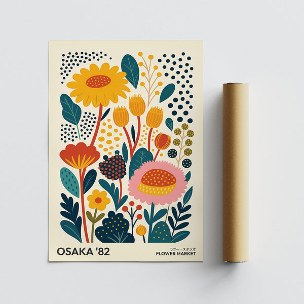 Graphic Spring Print with bold garden flowers on cream background