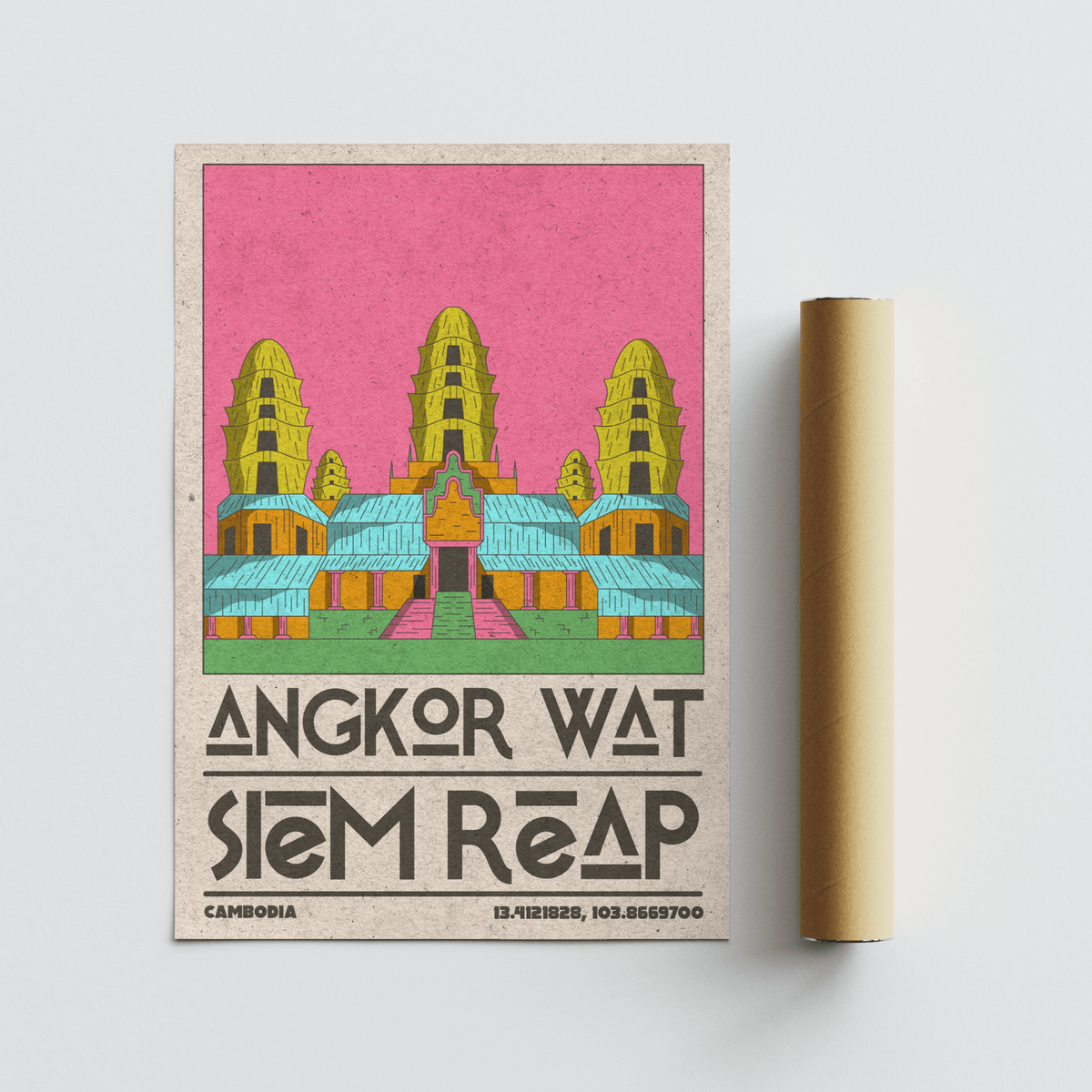 Angkor Wat Art graphic design with stacked lettering and paper texture background
