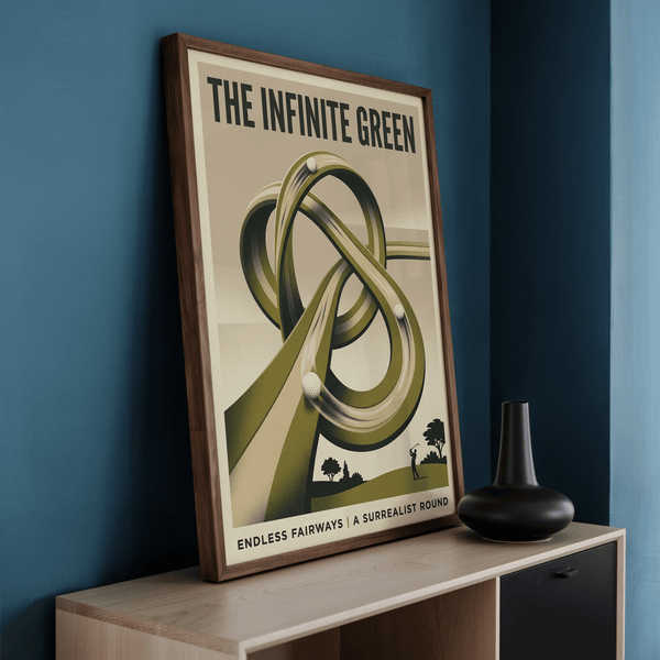 Full vertical Surrealist Golf Art Print with interlaced fairway knot and bold headline