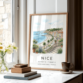 Travel style Nice Coastal Art Print featuring boats on calm Riviera water