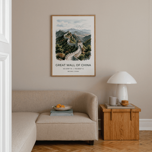 Watercolor travel illustration of the Great Wall snaking across misty peaks