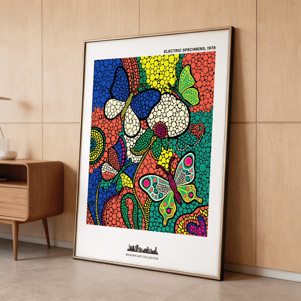 Pop art insects displayed against multicolored mosaic backdrop