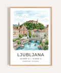 Watercolor Ljubljana Art Print poster with river, bridge, and castle