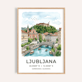 Ljubljana art print river view with boats in watercolour and illustration style