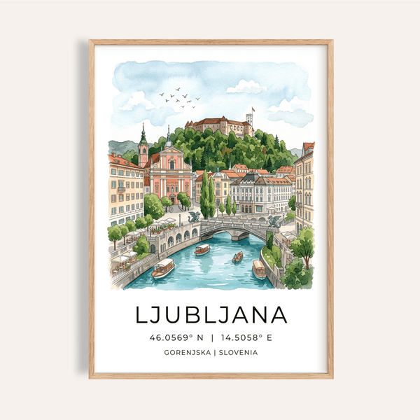 Watercolor Ljubljana Art Print poster with river, bridge, and castle