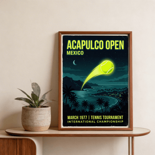 Graphic tennis tournament poster showing bright ball trail above coastal landscape