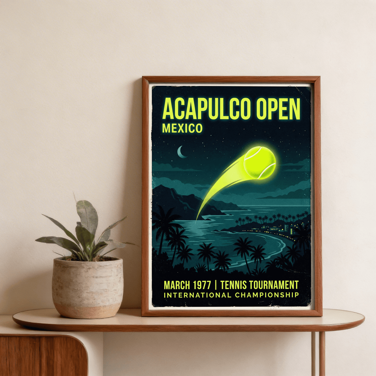 Graphic tennis tournament poster showing bright ball trail above coastal landscape