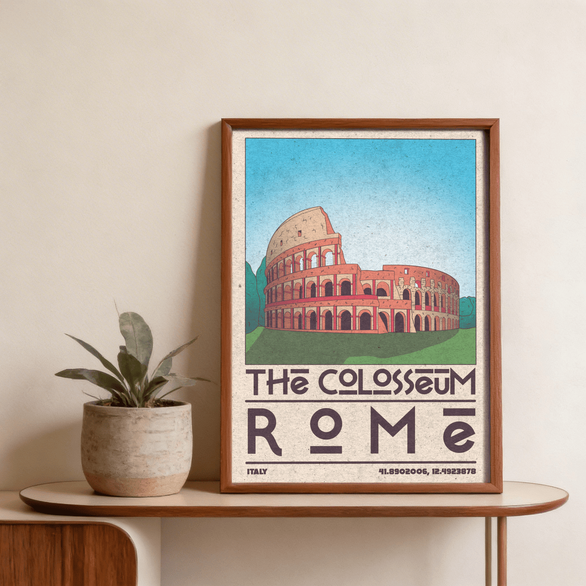 Colosseum Art Print showing the Roman amphitheatre illustration and large ROMA lettering