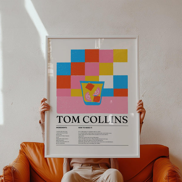 Colorful bar prints poster featuring Tom Collins cocktail in a bright layout.