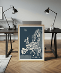 Europe Map Print with blue and white palette for study room poster