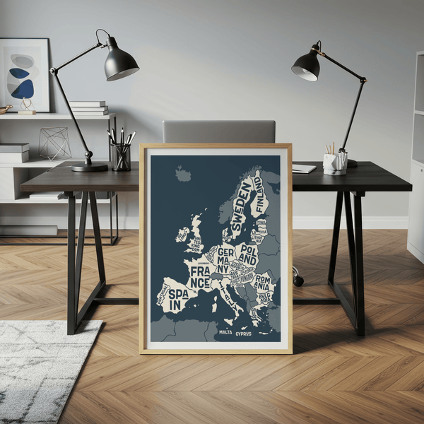 Europe Map Print with blue and white palette for study room poster