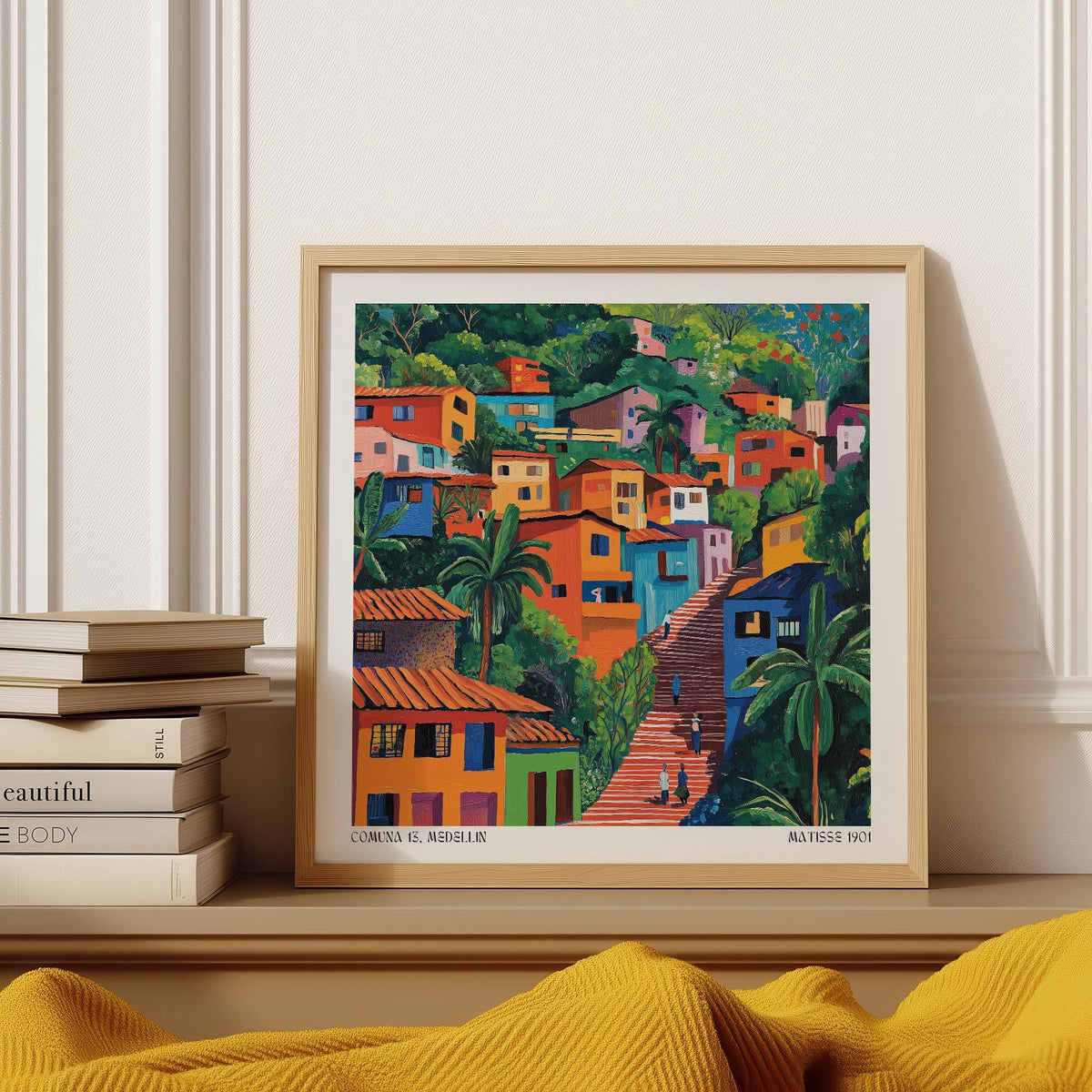 Colombia Art Print showing colorful homes on a hillside in Comuna 13 Medellín.