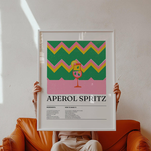 Poster Aperol Spritz featuring retro cocktail illustration with zigzag background.