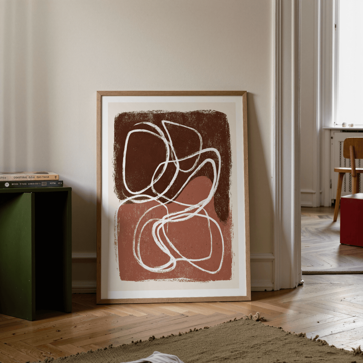 Geometric-inspired print poster with intersecting white lines and soft-edged shapes
