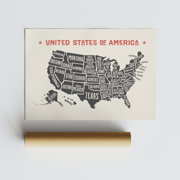 Stylish US Map Poster, Black text, living room wall art