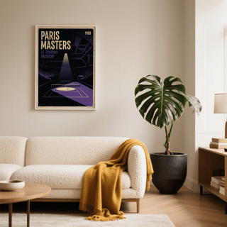 Typography-focused sports print poster showing Paris Masters Indoor tournament, 1988, with geometric arena shapes