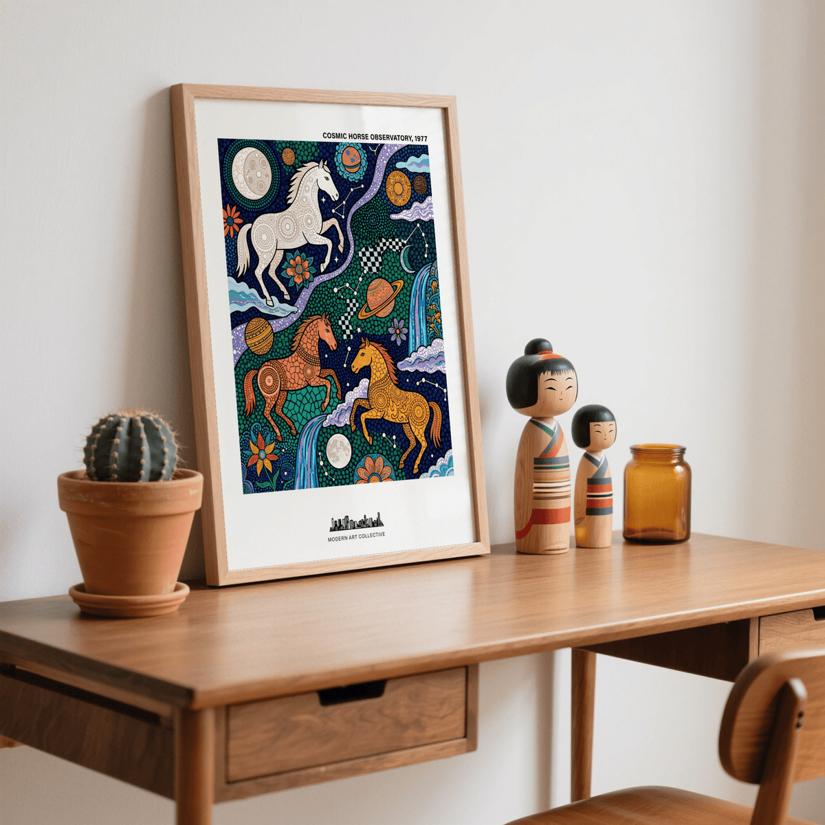 Cosmic Horse Art Print gallery wall mockup next to matching space prints