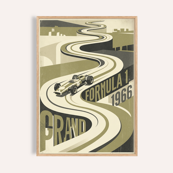 Classic Vintage Formula One Poster print showing winding racetrack and open-wheel race car with Formula 1 1966 text