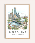 Illustrated Melbourne skyline poster with river bridge and tram