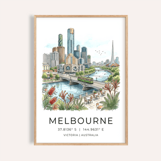 Illustrated Melbourne skyline poster with river bridge and tram