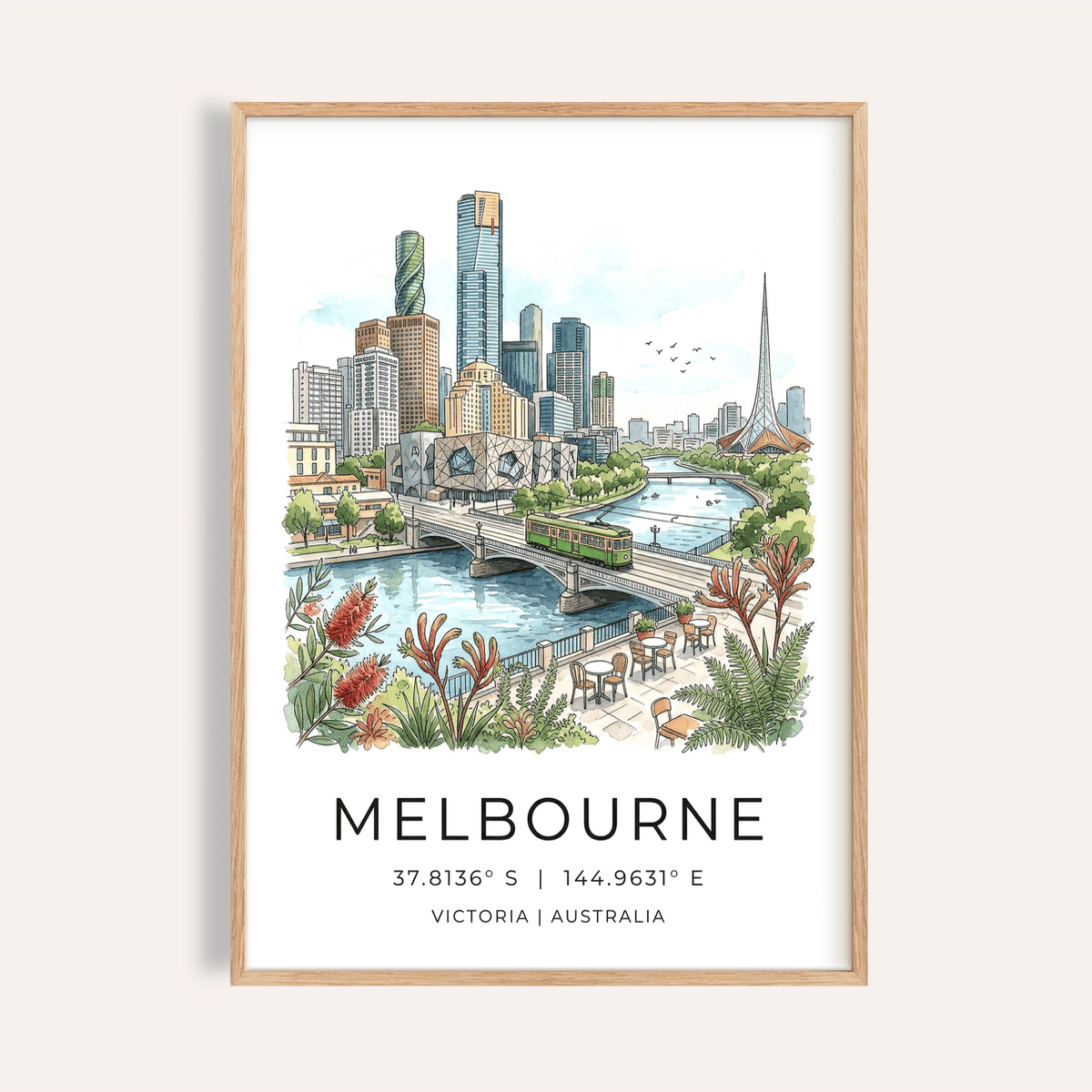 Illustrated Melbourne skyline poster with river bridge and tram