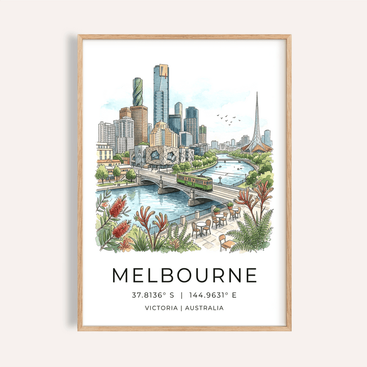 Illustrated Melbourne skyline poster with river bridge and tram