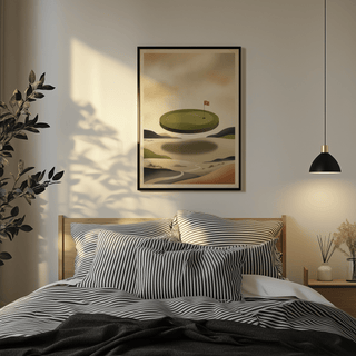 Framed mockup style image of an abstract golf print with central floating green